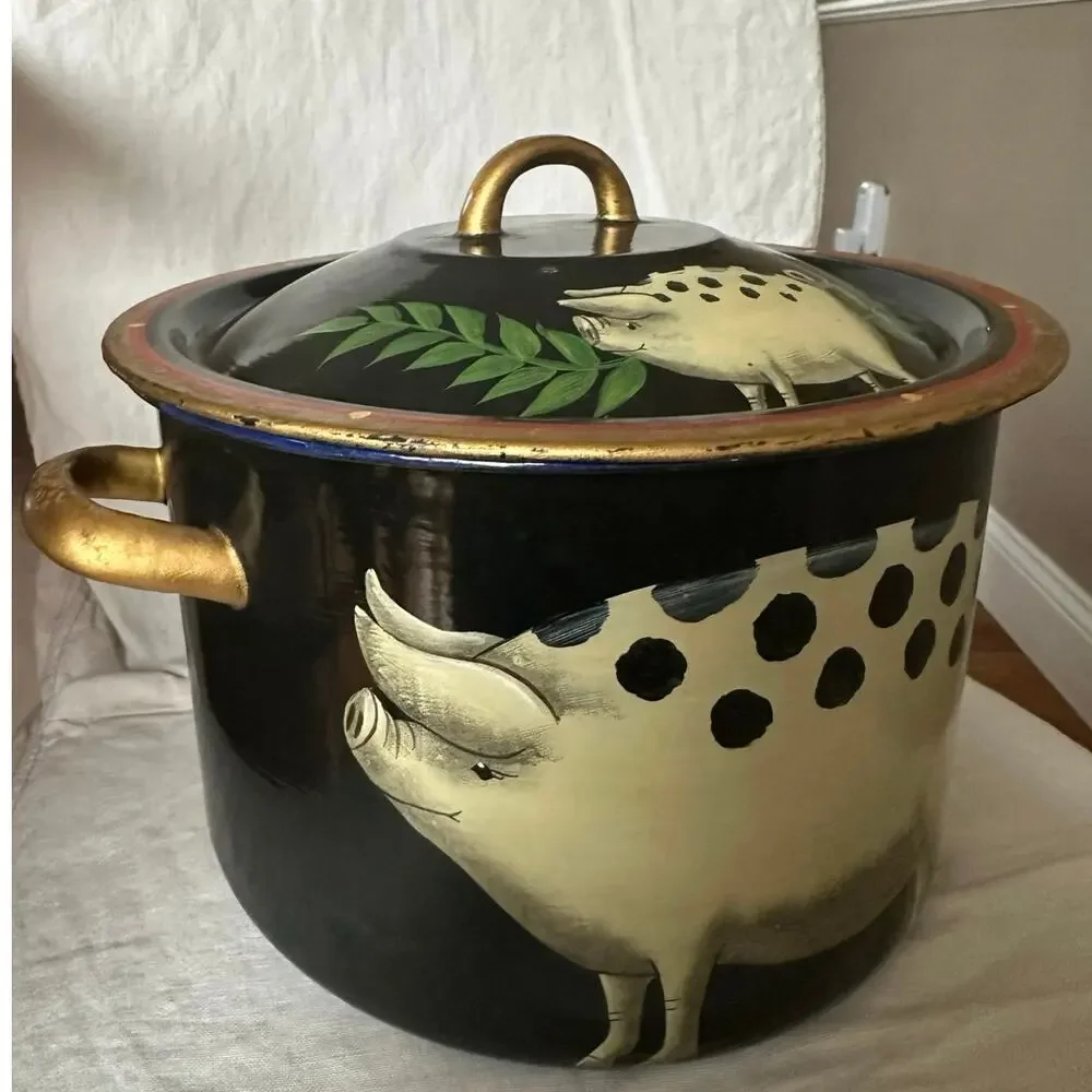 Emma Hunk Hand Painted Enamel Pot PIGS, 2000 vintage black Gold Handles 6.5x10”